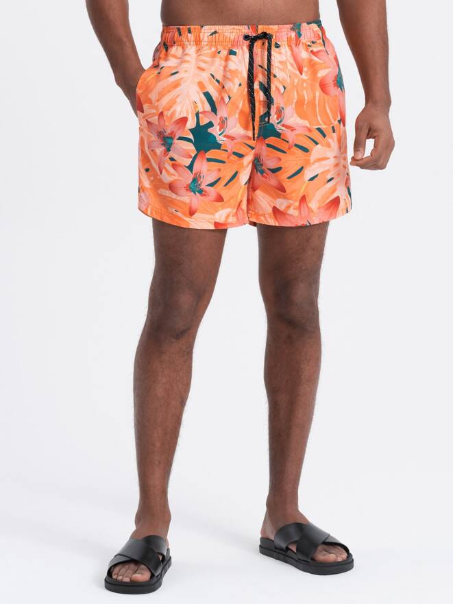 Pánske plavecké šortky s kvetinovým vzorom - oranžové V5 OM-SRBS-0140