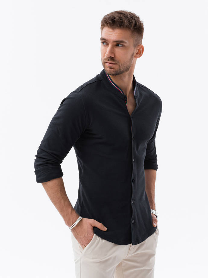 Pánska pletená košeľa s dlhým rukávom - čierna V4 K542