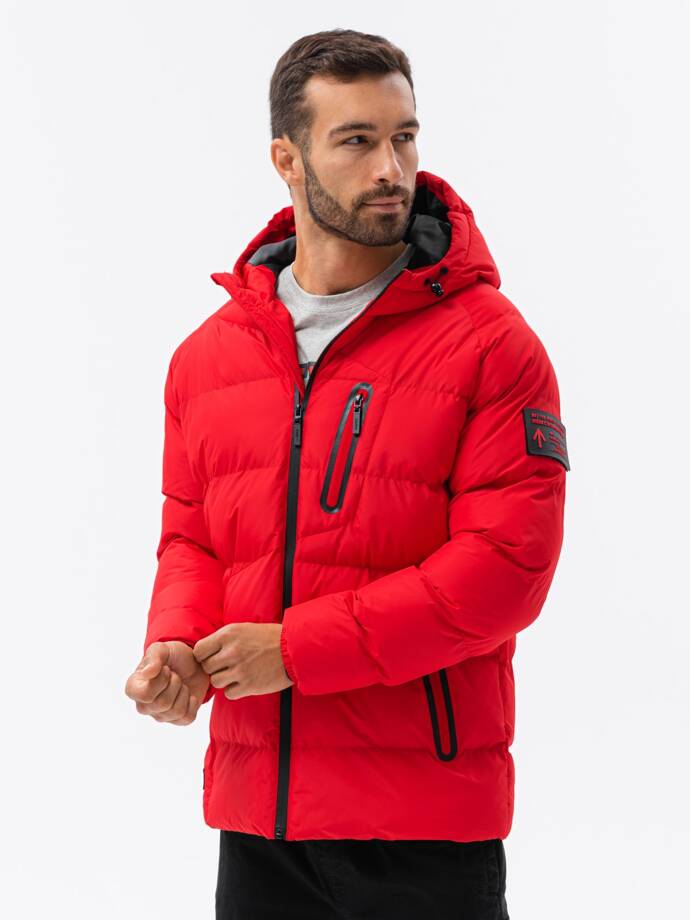 Pánska zateplená bunda s kapucňou - červená V5 OM-JAHP-0122