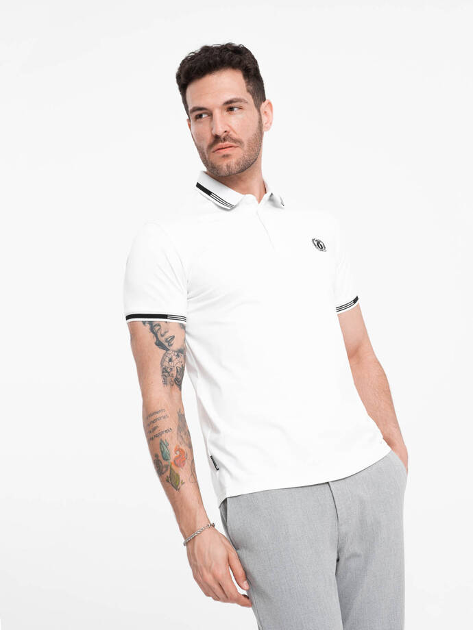 Pánske elastanové polo tričko s kontrastnými prvkami - biele V1 OM-POSS-0123