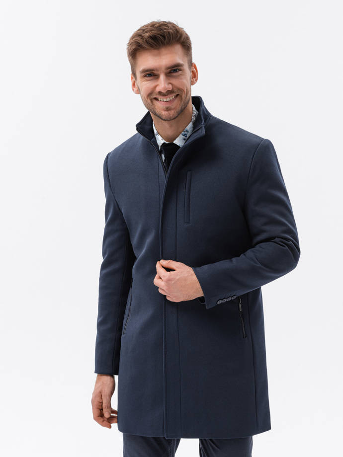 Pánsky kabát so stojačikom a prešívanou podšívkou - tmavomodrý V2 OM-COWC-0103